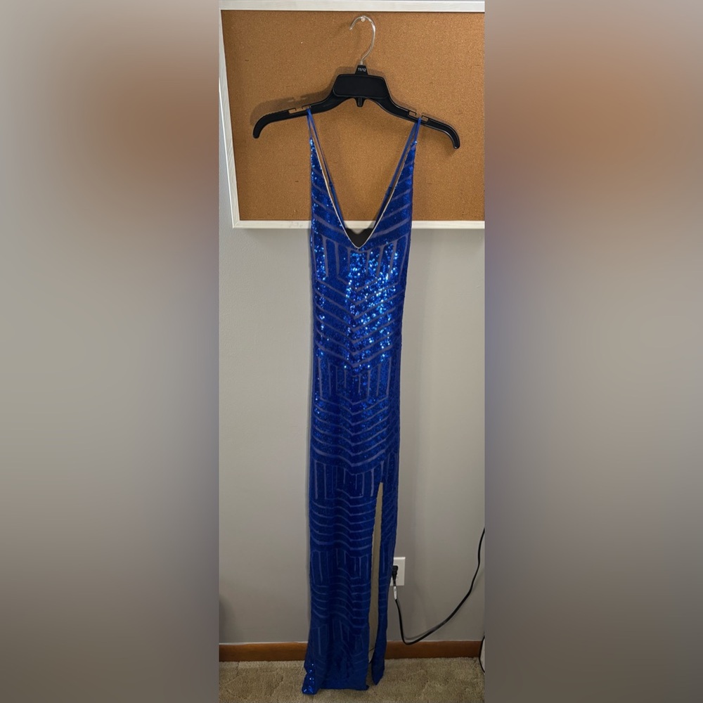 Blue Thin Strap Sequin Long Dress